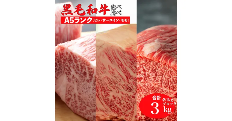 【ふるさと納税】黒毛和牛 A5ランク 食べ比べ セット ヒレ サーロイン モモ ブロック 合計3kg 1kg 1キロ 国産 牛肉 和牛 焼肉 焼き肉 赤身 霜降り A5 A5等級 高級肉 ステーキ ローストビーフ チルド ソース付 送料無料 ローストビーフ用肉 モモ肉 1kg以上 おすすめ 厳選 高級