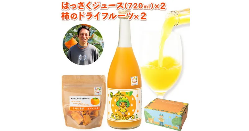 【ふるさと納税】まーくん家のはっさくジュース（720ml×2本）と柿のドライフルーツ2袋 《90日以内に出荷予定(土日祝除く)》 和歌山県 紀の川市 柑橘 はっさく柿 たねなし柿 きただ農園まーくん家 化学肥料・除草剤不使用 八朔 カキ